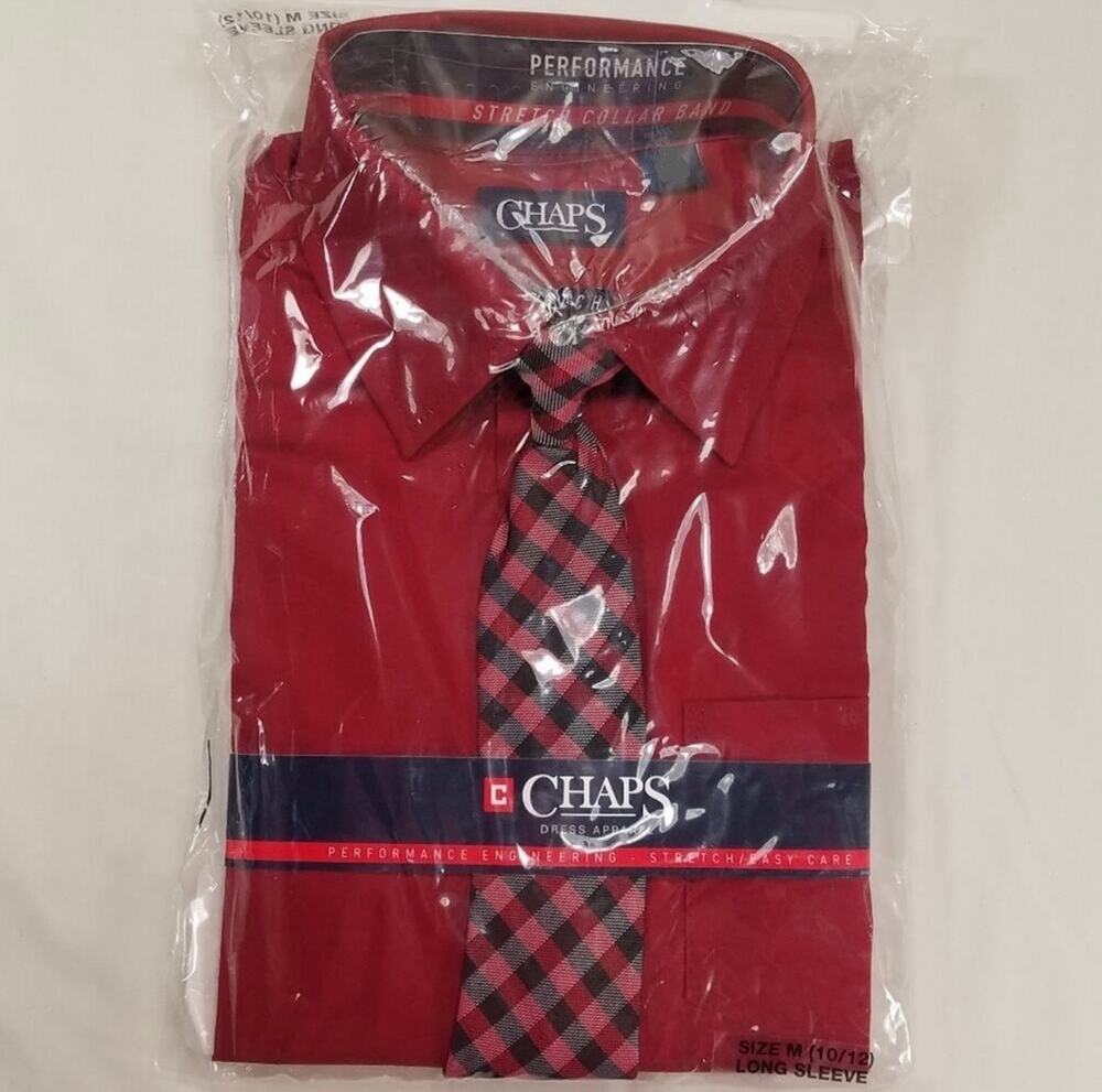 Chaps Kids Dress Shirt W/Easy-Clip Tie Size XXS/4-5 Red Long Sleeve Stretch New